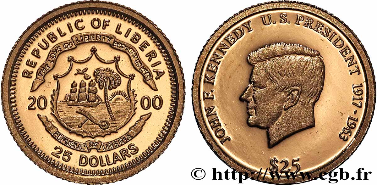 LIBERIA 25 Dollars Proof Kennedy 2000  FDC 