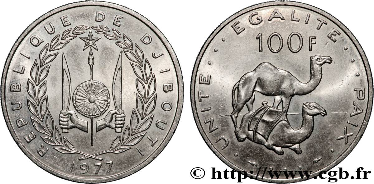 DJIBOUTI 100 Francs  emblème / dromadaires 1977 Paris AU 