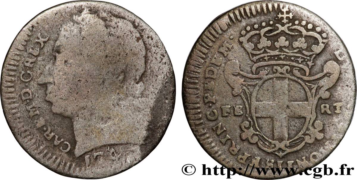 ITALIE - ROYAUME DE SARDAIGNE 2 1/2 Soldi Charles Emmanuel III, Roi de Sardaigne 1744 Turin B/TB 