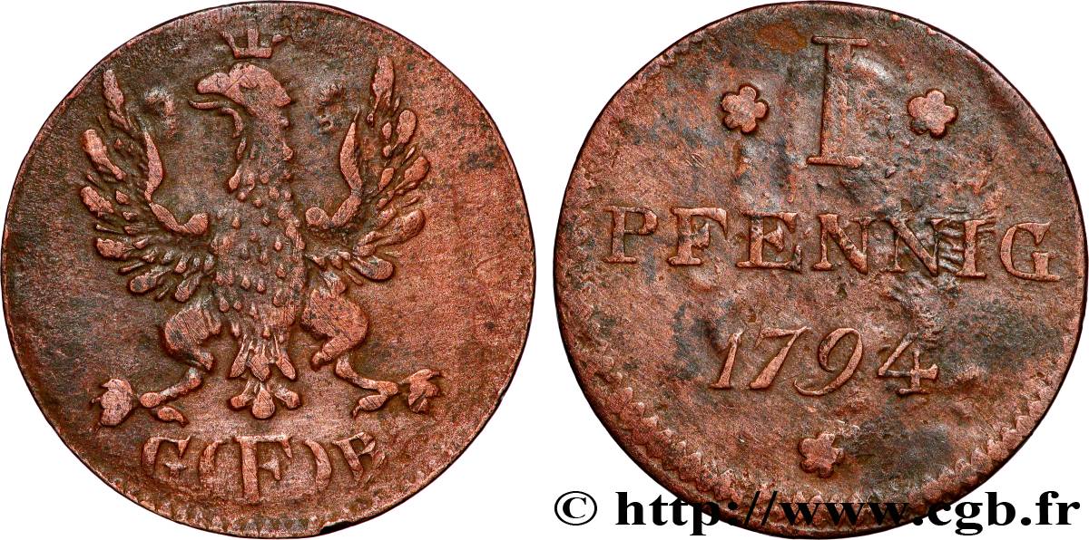 GERMANY - FREE CITY OF FRANKFURT 1 Pfennig ville libre de Francfort aigle 1794  XF 