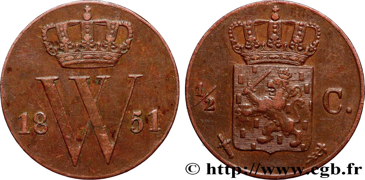 PAYS-BAS 1/2 Cent  Guillaume III 1851 Utrecht TTB 