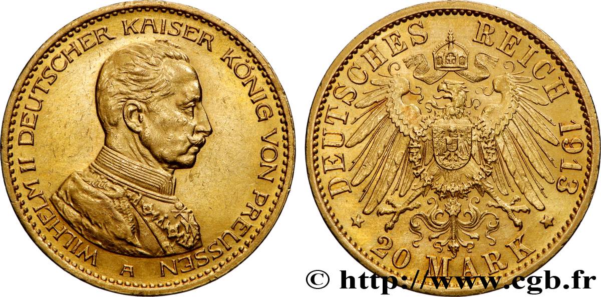 GERMANY - PRUSSIA 20 Mark Guillaume II 1913 Berlin AU 
