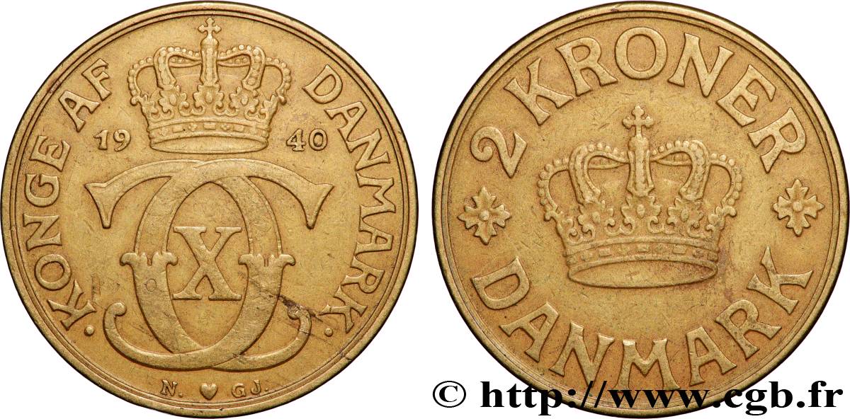 DANEMARK 2 Kroner Christian X 1940 Copenhague TTB 