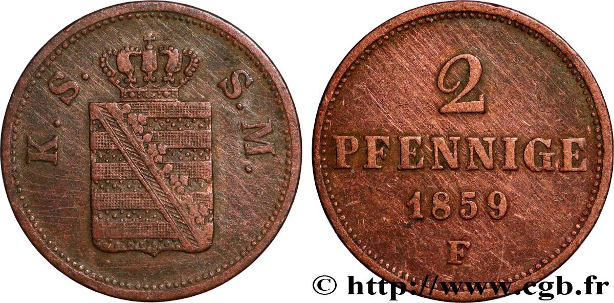 GERMANIA - SASSONIA 2 Pfennige Royaume de Saxe 1859 Dresde q.BB 