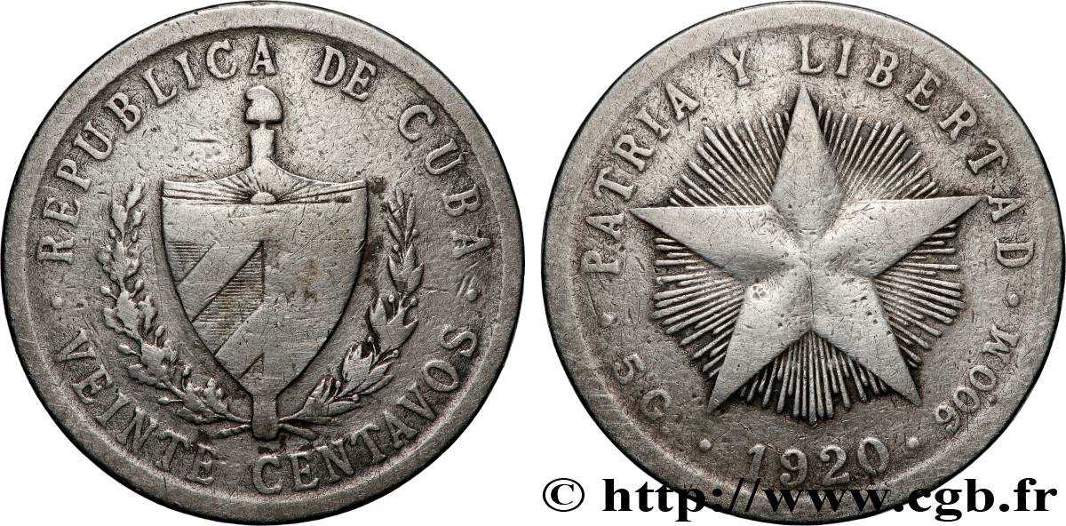 CUBA 20 Centavos 1920  TB+ 