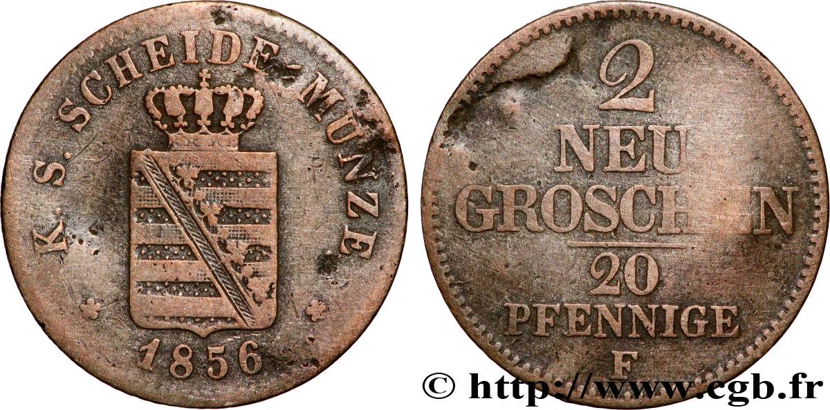 ALLEMAGNE - SAXE 2 Neugroschen (20 Pfennige) Royaume de Saxe 1856 Dresde TB+ 