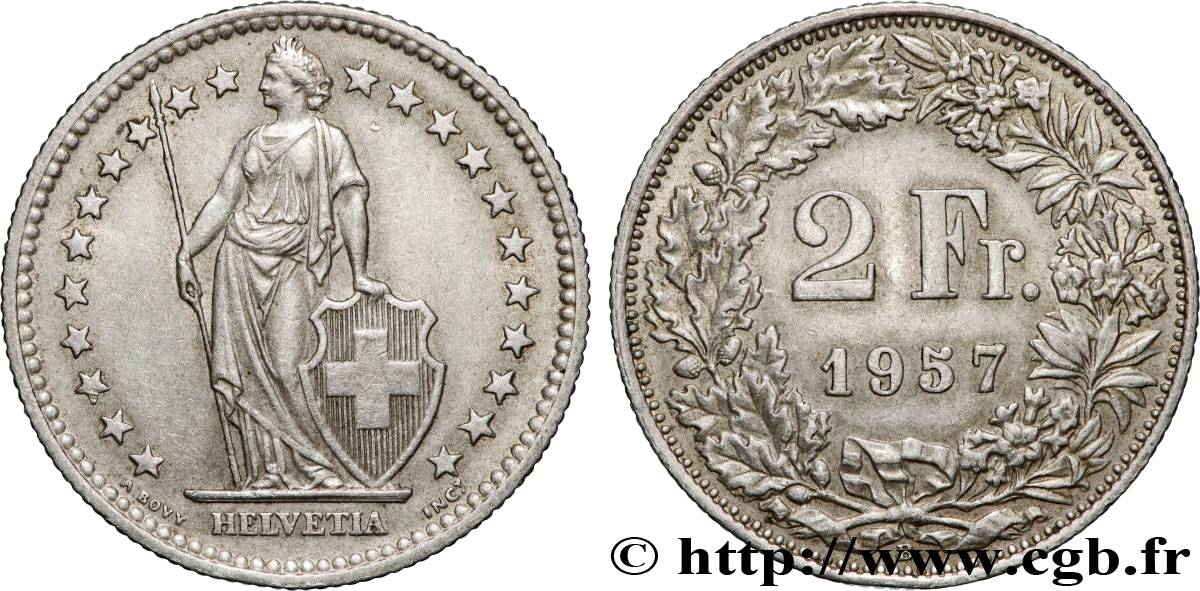 SUISSE 2 Francs Helvetia 1957 Berne SUP 