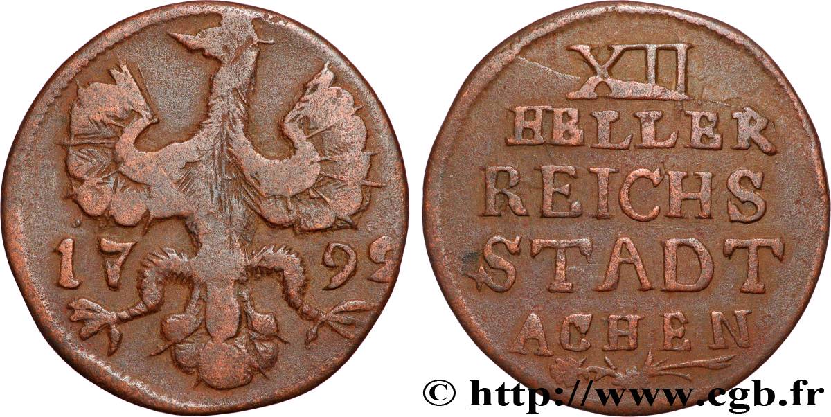 ALLEMAGNE - AIX-LA-CHAPELLE 12 (XII) Heller ville de Aachen aigle 1792  TB+ 