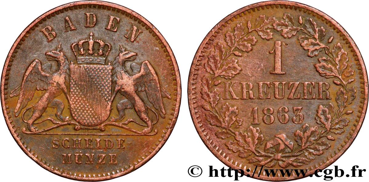 ALLEMAGNE - BADE 1 Kreuzer Grand-Duché de Bade 1863  TTB 