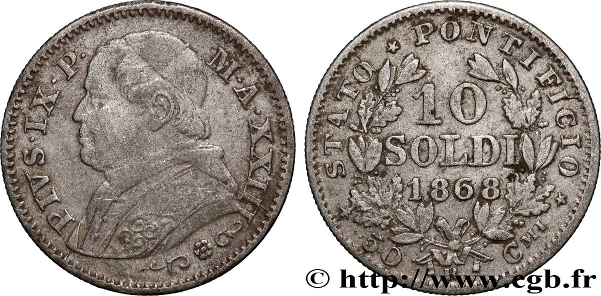 VATICAN AND PAPAL STATES 10 Soldi (50 Centesimi) Pie IX an XXIII 1868 Rome VF 