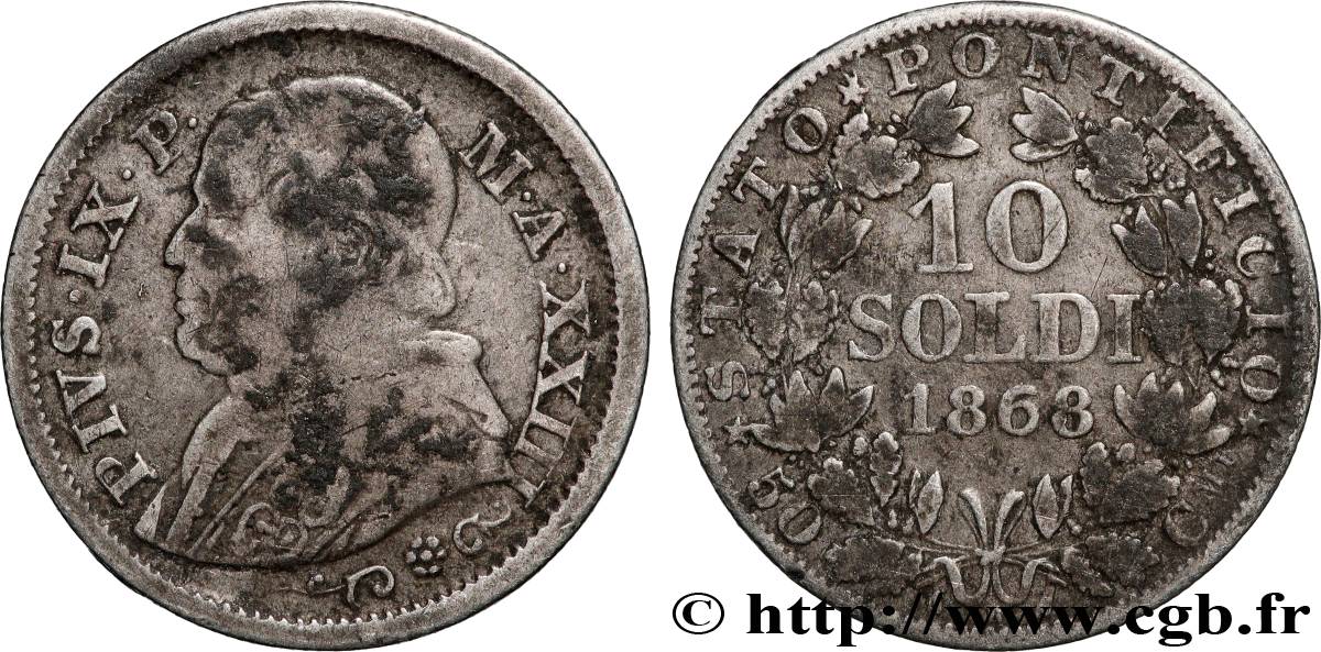 VATICAN ET ÉTATS PONTIFICAUX 10 Soldi (50 Centesimi) Pie IX an XXIII 1868 Rome TB 