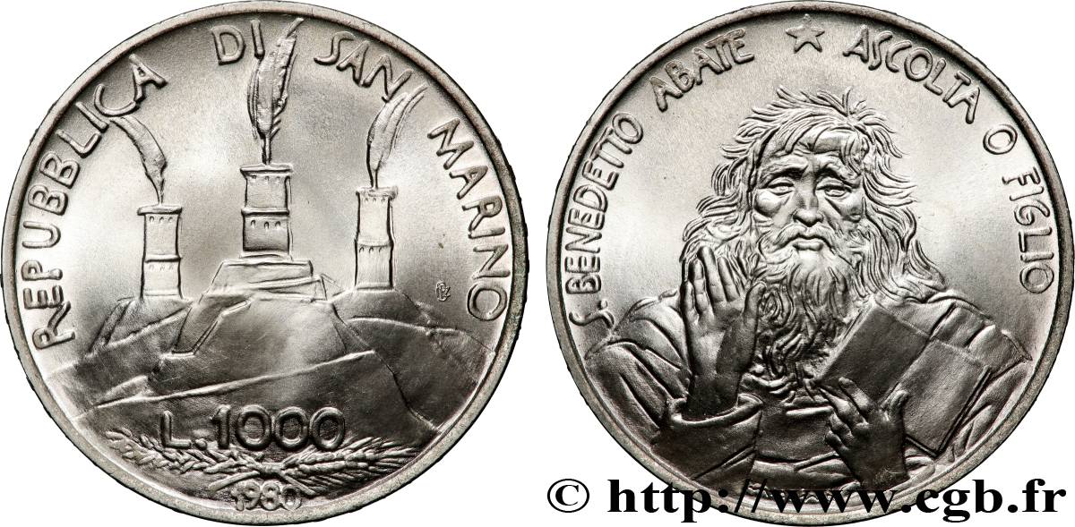 SAN MARINO 1000 Lire 1500e anniversaire de la naissance de Saint Benoît de Nursie 1980 Rome - R MS 