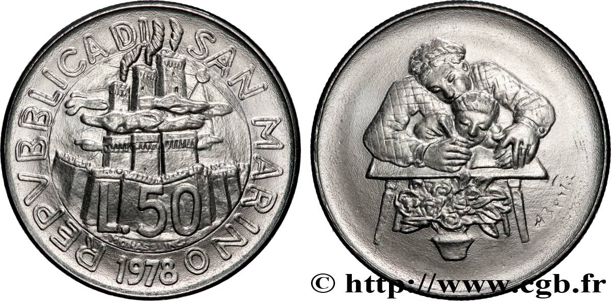 SAN MARINO 50 Lire Vue des 3 chateaux /  élève et institutrice 1978 Rome - R SC 