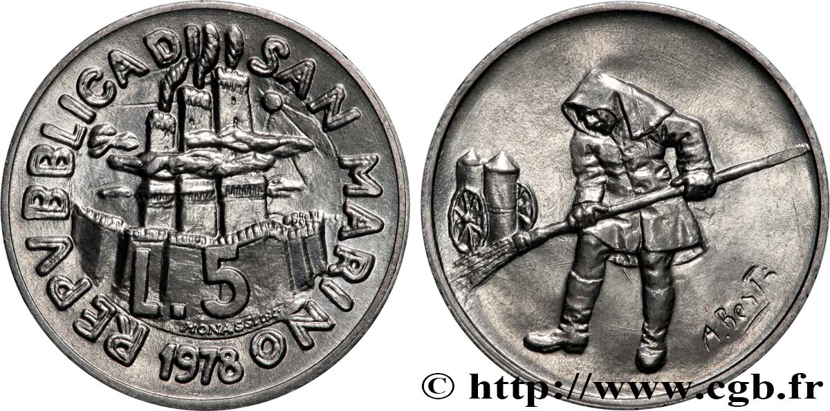 SAINT-MARIN 5 Lire 3 châteaux / balayeur 1978 Rome SPL 