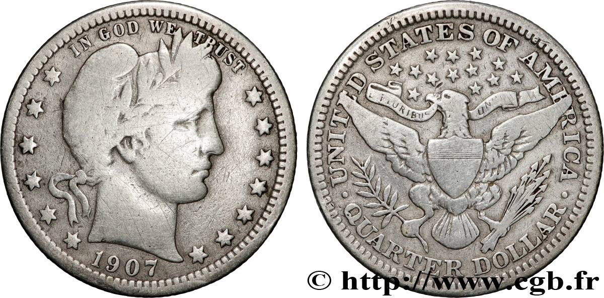 ÉTATS-UNIS D&nbsp;AMÉRIQUE 1/4 Dollar Barber 1907 Philadelphie TB+ 
