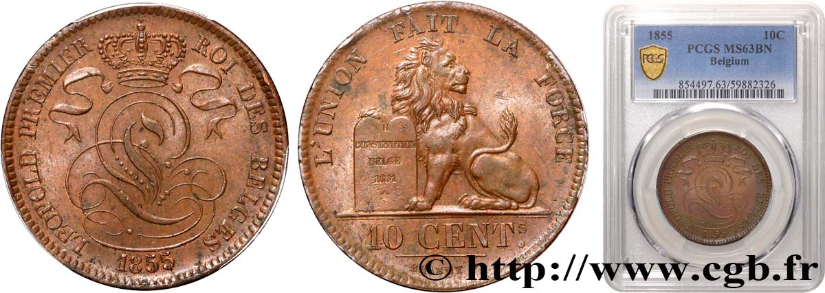 BELGIUM - KINGDOM OF BELGIUM - LEOPOLD I 10 centimes 1855  MS63 PCGS