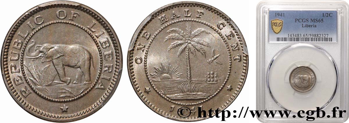 LIBERIA 1/2 Cent  1941  MS65 PCGS