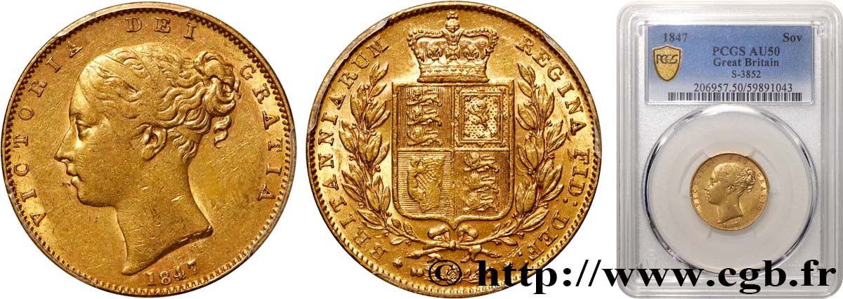GRANDE BRETAGNE - VICTORIA 1 Souverain Victoria buste jeune / blason 1847 Londres TTB50 PCGS