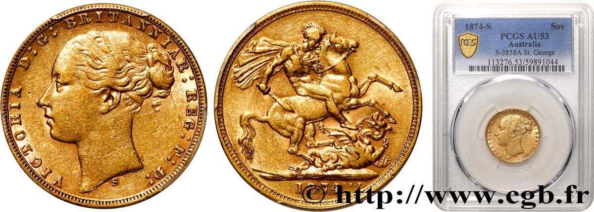 GREAT-BRITAIN - VICTORIA 1 Souverain type écu couronné 1874 Sydney AU53 PCGS