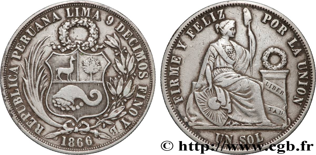 PERU 1 Sol “Liberté” assise 1866 Lima VF 