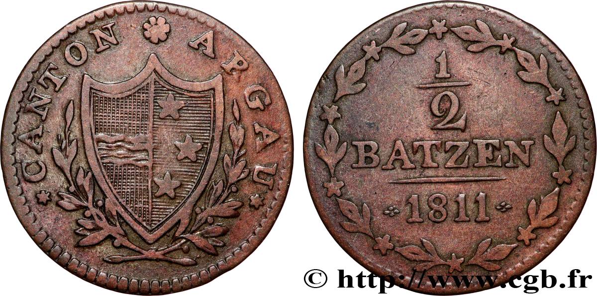SWITZERLAND - CANTON OF AARGAU 1/2 Batzen - Canton de Aargau 1811  VF 