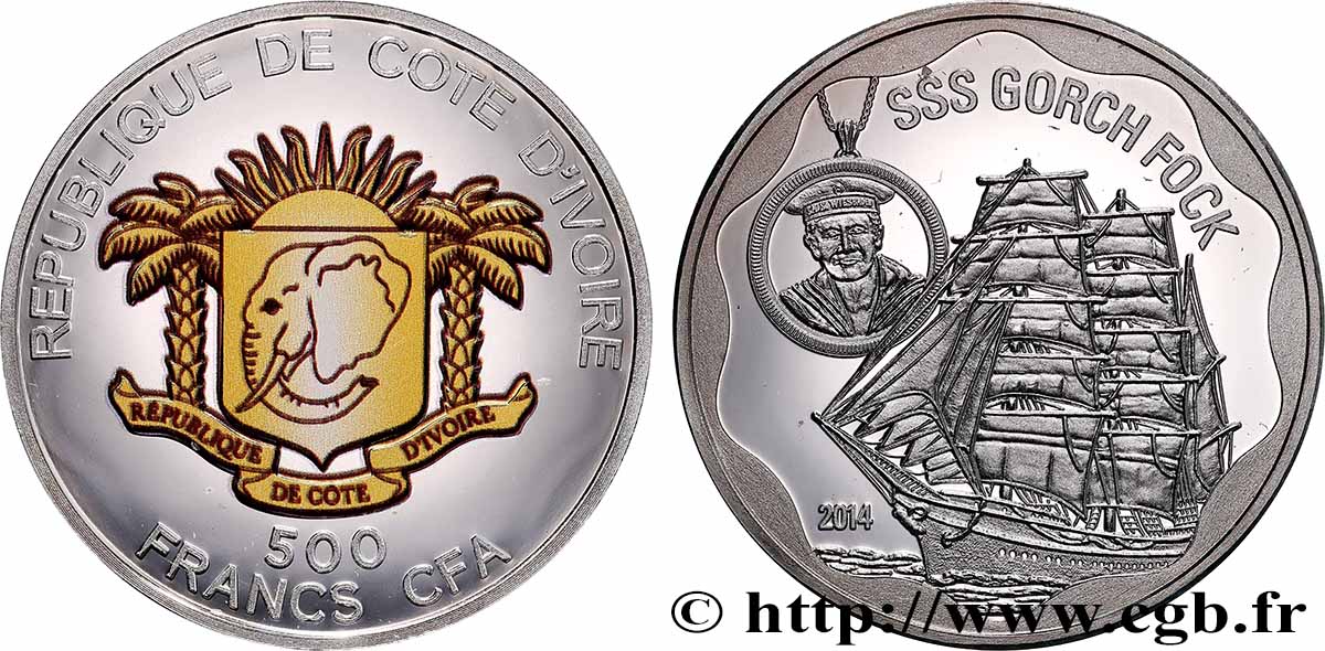 CÔTE D IVOIRE 500 Francs CFA Proof Voilier Gorch Fock 2014  FDC 