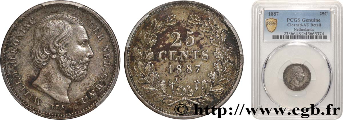 NETHERLANDS - KINGDOM OF THE NETHERLANDS - WILLIAM III 25 Cents 1887 Utrecht AU PCGS