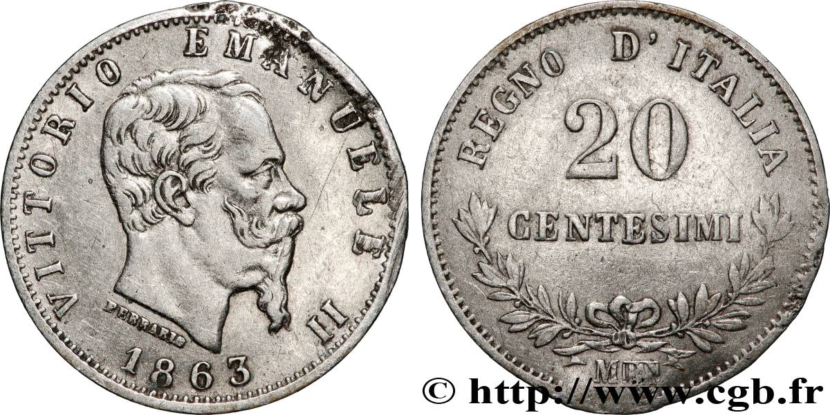 ITALY 20 Centesimi Victor Emmanuel II 1863 Milan VF 
