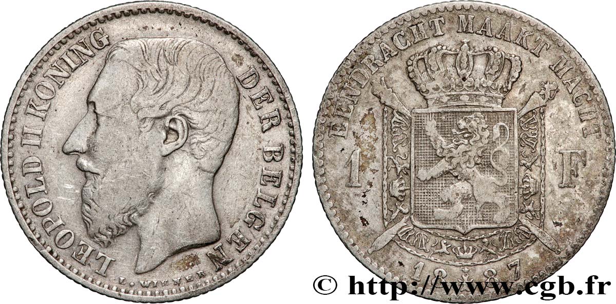 BELGIUM 1 Frank (Franc) Léopold II légende flamande 1887 Bruxelles VF 