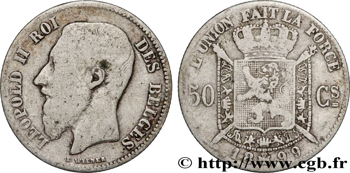 BELGIUM 50 Centimes Léopold II légende française 1899 Bruxelles VF 