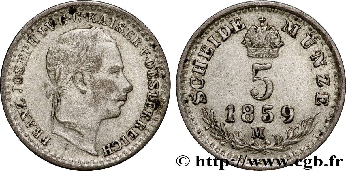 ITALIE - LOMBARDIE-VENITIE 5 Kreuzer Lombardie François Joseph Ier d’Autriche / aigle 1859 Milan TB+ 