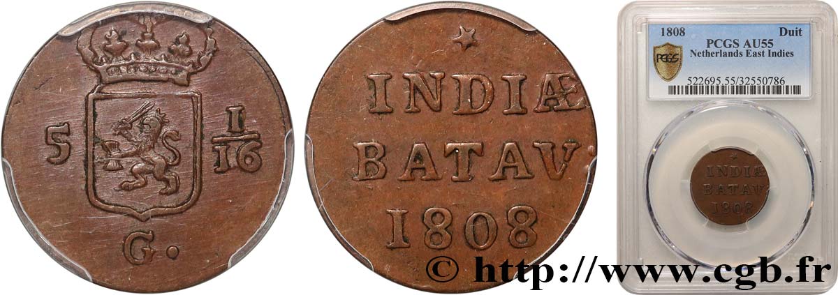 NETHERLANDS INDIES 5 1/16 Gulden (1 Duit) 1808 Enkhuizen AU55 PCGS