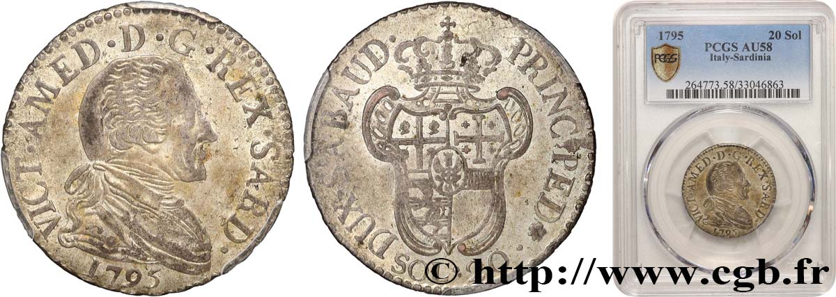 ITALY - KINGDOM OF SARDINIA 20 Soldi Victor Amédée III 1795 Turin AU58 PCGS