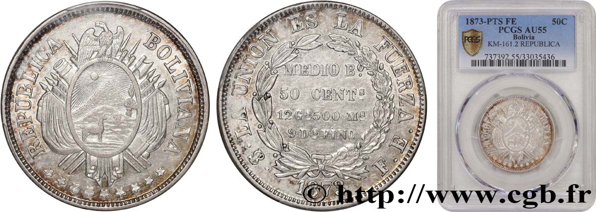 BOLIVIA 50 Centavos (1/2 Boliviano) 1873 Potosi AU55 PCGS