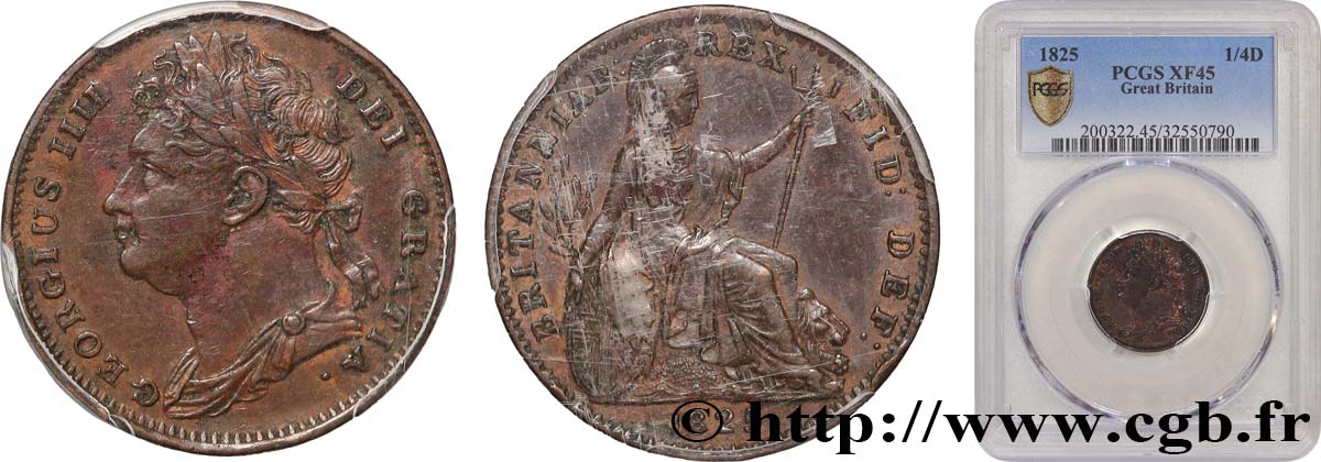 UNITED KINGDOM 1 Farthing Georges IV 1825  XF45 PCGS