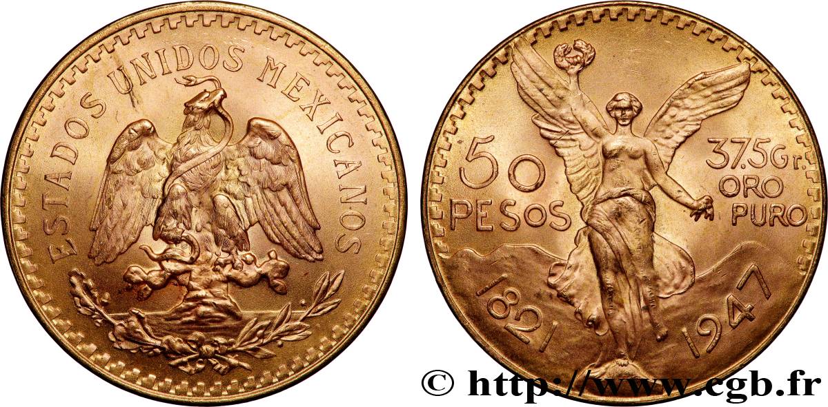 GOLD, PALLADIUM & PLATINUM INVESTMENT 50 Pesos or 1947 Mexico MS 