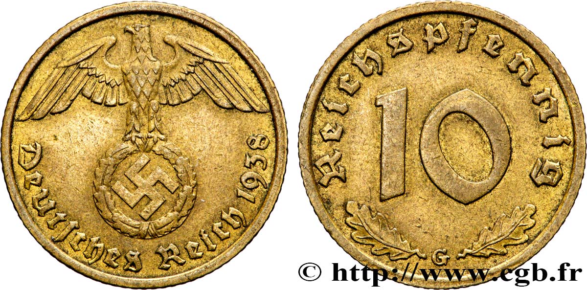 GERMANY 10 Reichspfennig aigle surmontant une swastika 1938 Karlsruhe - G AU 