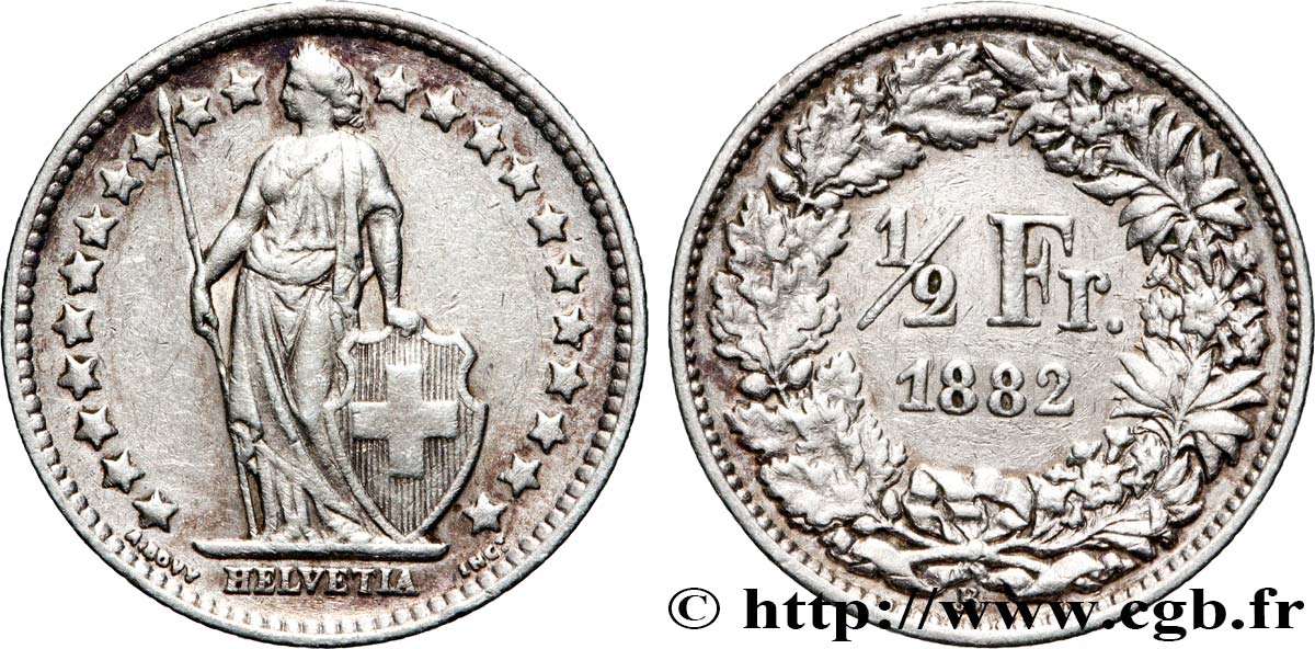 SWITZERLAND 1/2 Franc Helvetia 1882 Berne XF 