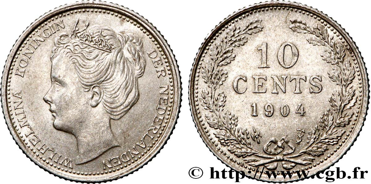 NETHERLANDS 10 Cents Reine Wilhelmine 1904 Utrecht AU 
