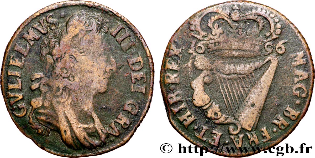 IRELAND REPUBLIC 1/2 Penny Guillaume III 1696  VF 