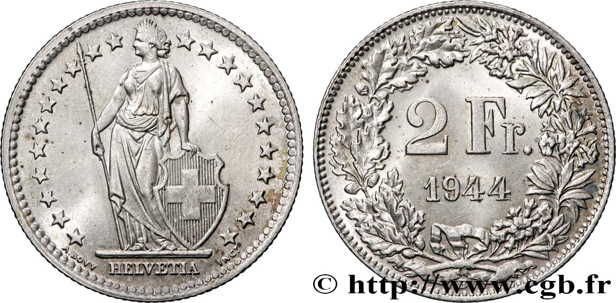 SVIZZERA  2 Francs Helvetia 1944 Berne MS 