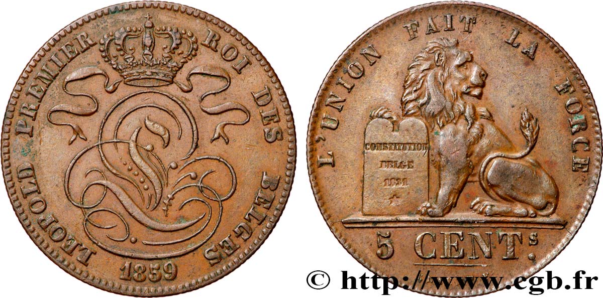 BELGIUM 5 Centimes monograme de Léopold 1859  AU 