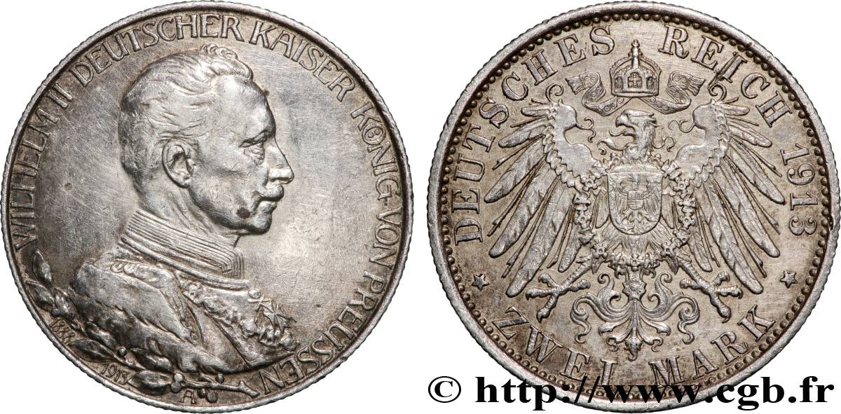 GERMANIA - PRUSSIA 2 Mark 25e anniversaire de règne de Guillaume II 1913 Berlin BB 
