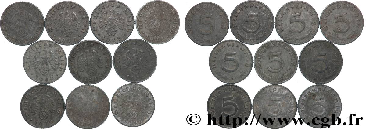 DEUTSCHLAND Lot 10 x 5 Reichspfennig aigle surmontant une swastika 1940-1944 Atelier Divers SS 