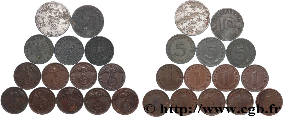 ALLEMAGNE Lot 14 pièces de Reichspfennig divers aigle surmontant une swastika 1937-1943 Atelier Divers TTB 