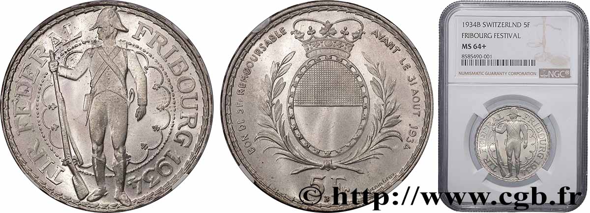 SUISSE 5 Francs, monnaie de Tir, Fribourg 1934 Le Locle SPL64 NGC