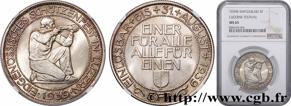 SUISSE 5 Francs Tir de Lucerne (Luzern) 1939 Berne FDC65 NGC