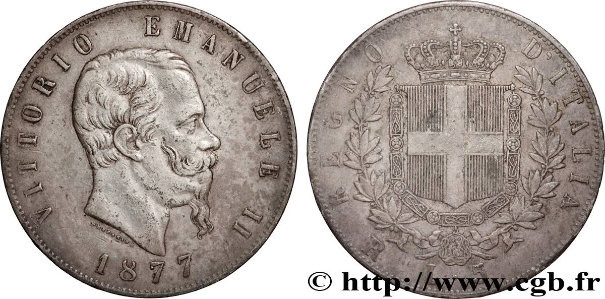 ITALY 5 Lire Victor Emmanuel II 1877 Rome XF 