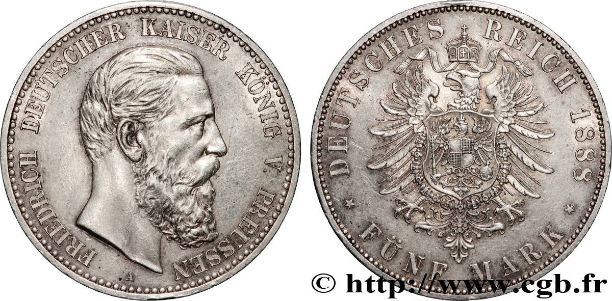GERMANY - KINGDOM OF PRUSSIA - FREDERICK III 5 Mark  1888 Berlin AU 