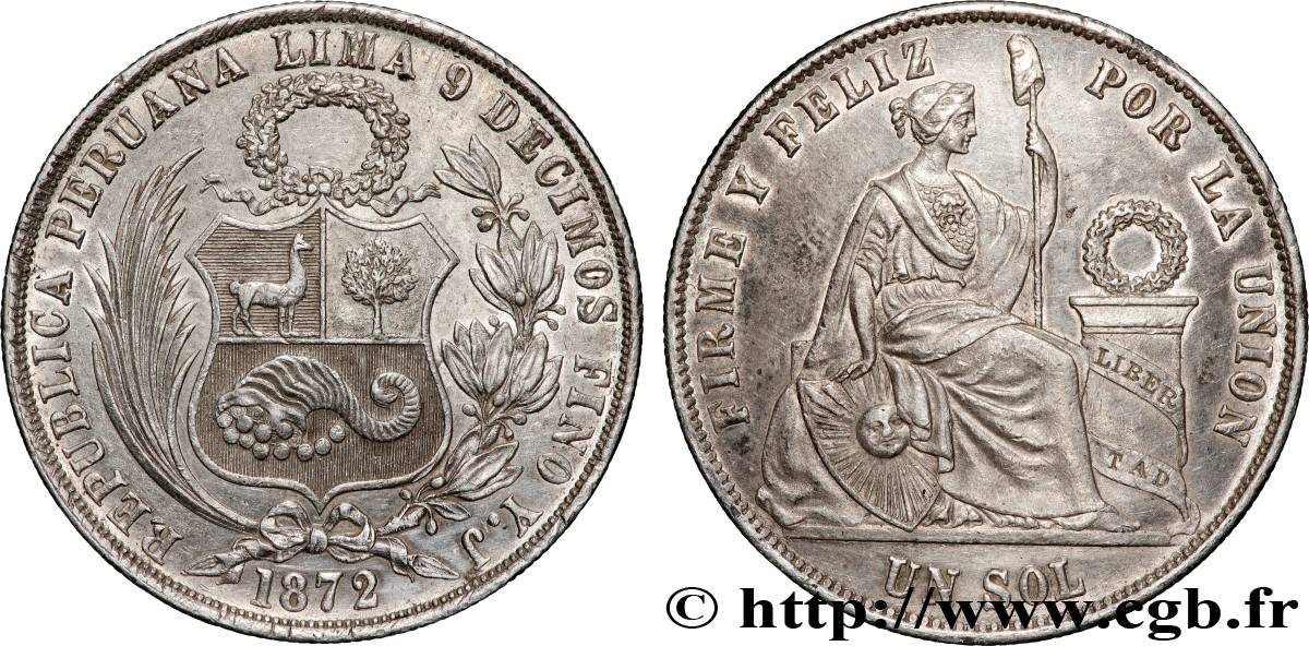 PERU 1 Sol “Liberté” assise 1872 Lima fVZ 